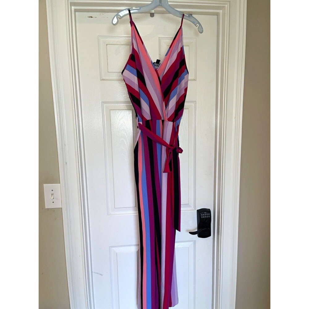 Beige by eci Women's L Multicolor Striped V-Neck Sleeveless Jumpsuit Pockets